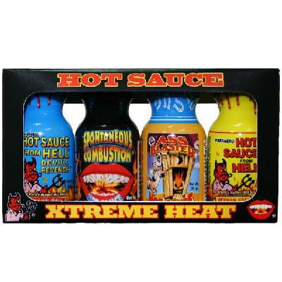 ASS KICKIN', 4 PACK XTREME HOT SAUCE MINI , Devil's Revenge - Spontaneous Combustion - Ass Blaster - Hot Sauce From Hell
